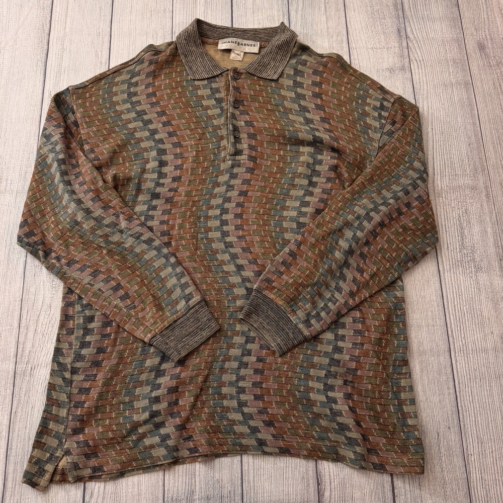 Jhane Barnes Mercerized Cotton Knit Polo Sweater Men's Size L Multicolor 90s